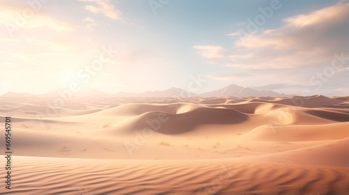 A sun-drenched desert, with sand dunes stretching to the horizon