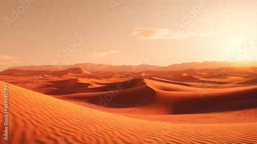 A sun-drenched desert, with sand dunes stretching to the horizon