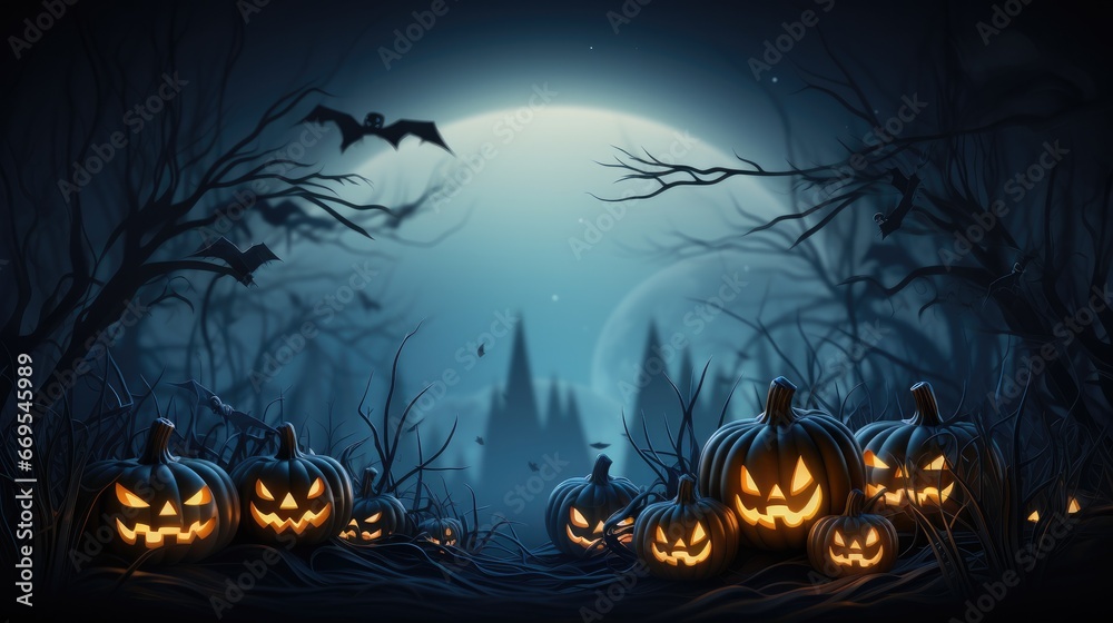 Illustration of Halloween days and pumpkins In the spooky night, Halloween Backdrop, Generative AI