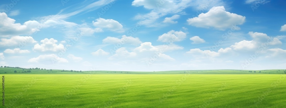 Green grass field agains the blue cloud sky, Generative AI Green grass field agains the blue cloud sky, Generative AI