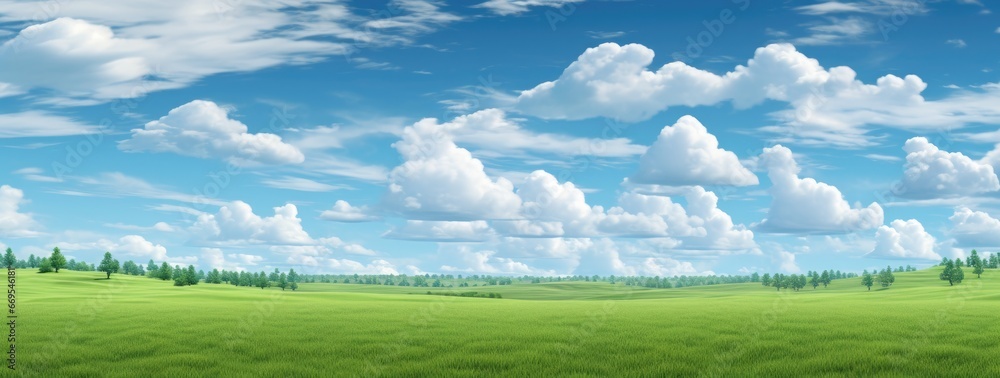 Green grass field agains the blue cloud sky, Generative AI