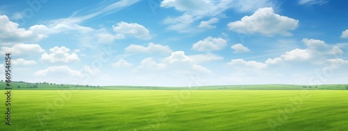 Green grass field agains the blue cloud sky  Generative AI