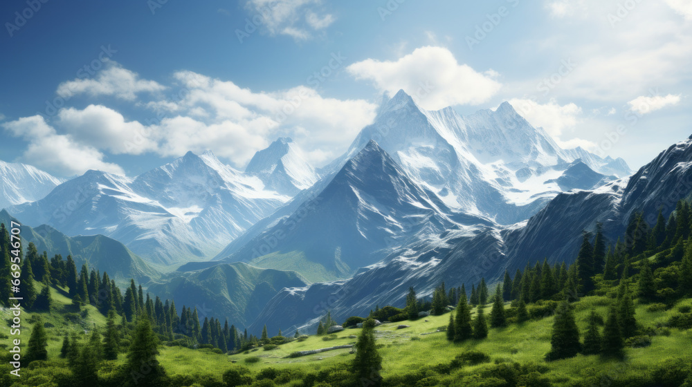 A stunning view of a towering mountain, with a few snow-capped peaks in the background
