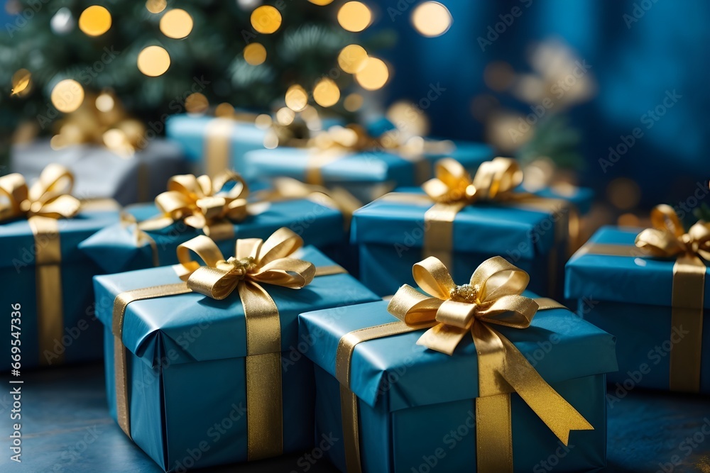 Christmas gift box with Christmas decorations. Blue gift box with gold ribbon. Generative AI. Christmas gift box with Christmas decorations. Blue gift box with gold ribbon. Generative AI.