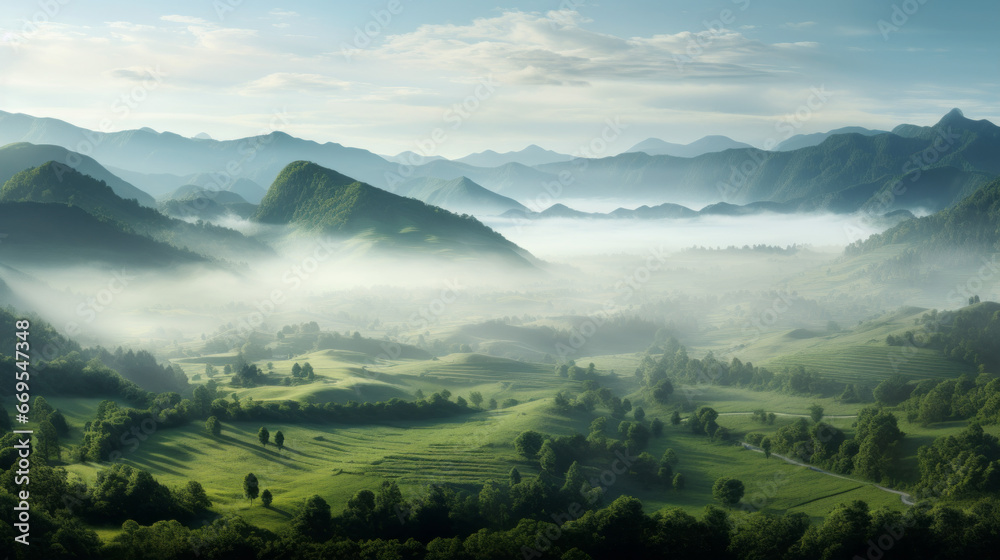 A stunning view of a lush, green valley blanketed with fog, with a few rolling hills in the distance - obrazy, fototapety, plakaty 