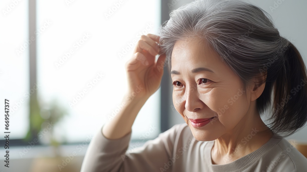 greyhaired Asian woman in her mid50s is combing her tangled gray hair