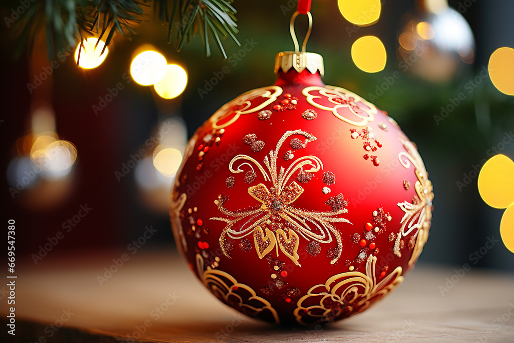 Colorful Christmas balls with patterns,hanging on a tree with bokeh background Colorful Christmas balls with patterns,hanging on a tree with bokeh background