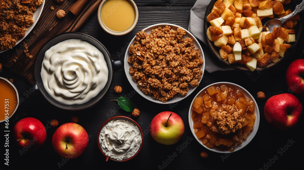 Top view image of table with food, autumn fall style pies and waffles Top view image of table with food, autumn fall style pies and waffles