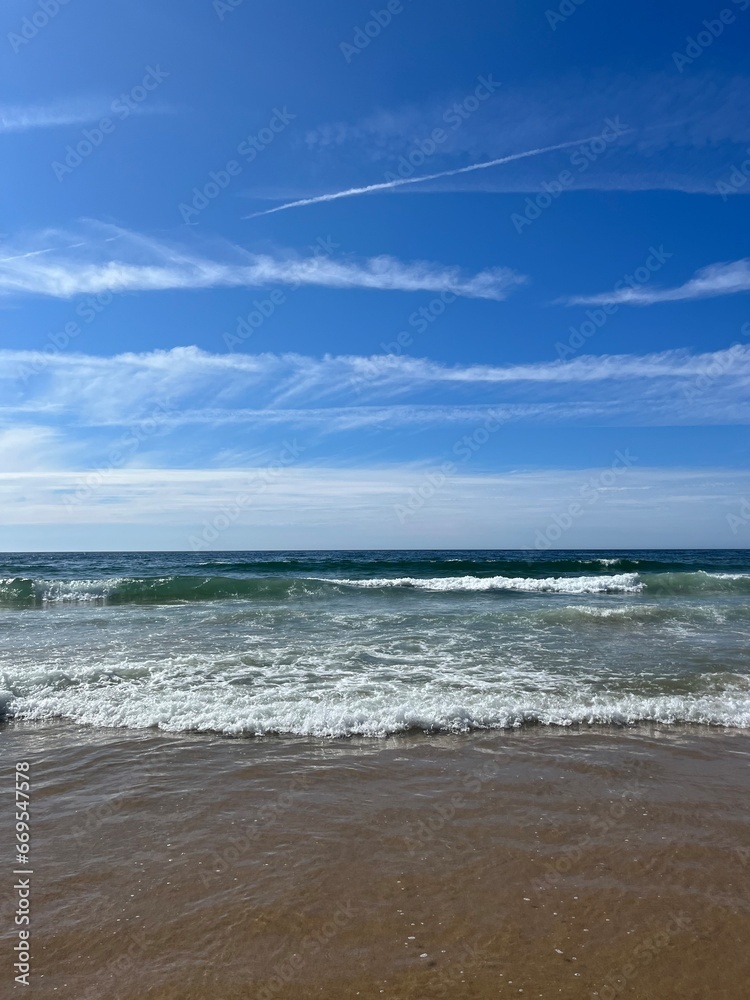 Blue sea horizon, ocean bay, blue sky, sandy coast