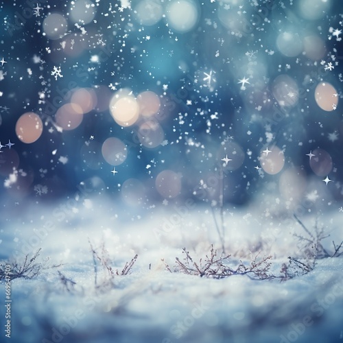 Christmas winter background with snow and blurred bokeh with Christmas Tree - Generative AI