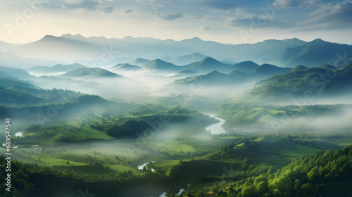 A stunning view of a lush, green valley blanketed with fog, with a few rolling hills in the distance