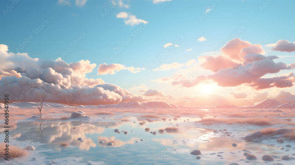 Fantasy pink landscape planet with snowy mountains and sunset. 3D illustration.