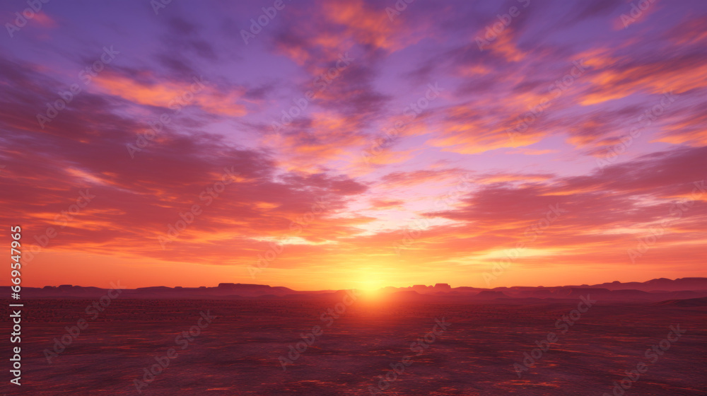 A stunning sunset, with the sky aflame in a spectrum of pinks, oranges, and purples The sun slowly dips below the horizon, casting a golden light over the landscape