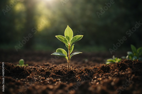 Green seedling growing on fertile soil with morning sunlight. Ecology concept