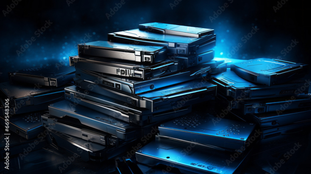A stack of silver hard drives sits in the corner, their blinking blue