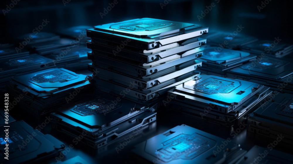 A stack of silver hard drives sits in the corner, their blinking blue