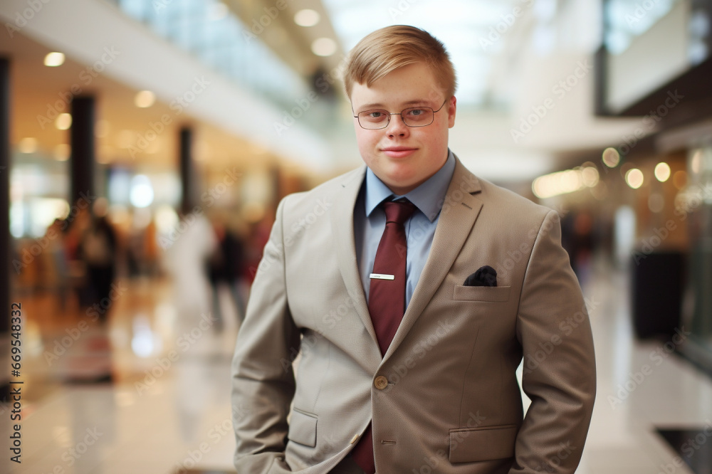 Modern business, an adult with Down syndrome contributing to a vibrant mall environment Modern business, an adult with Down syndrome contributing to a vibrant mall environment