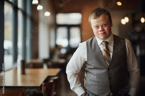 Business communication, a young entrepreneur with Down syndrome in a cafe