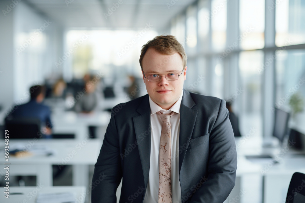 Success story, a businessman with Down syndrome achieving corporate goals Success story, a businessman with Down syndrome achieving corporate goals