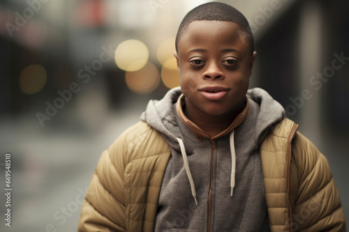 African American teenager with down syndrome on the street photo