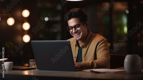 Content young Indian-Latino business professional or student, wearing glasses, working or studying online late at night. They watch educational webinars at home, in the office, using a laptop.