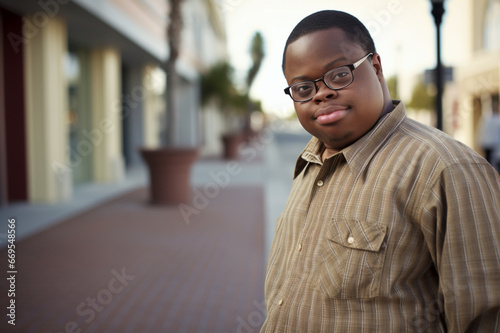 African American teenager with down syndrome on the street