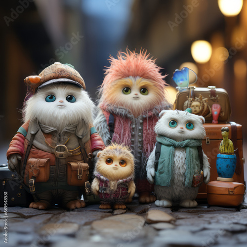 Four furry, fantasy figures with luggage on a dimly lit cobblestone road.