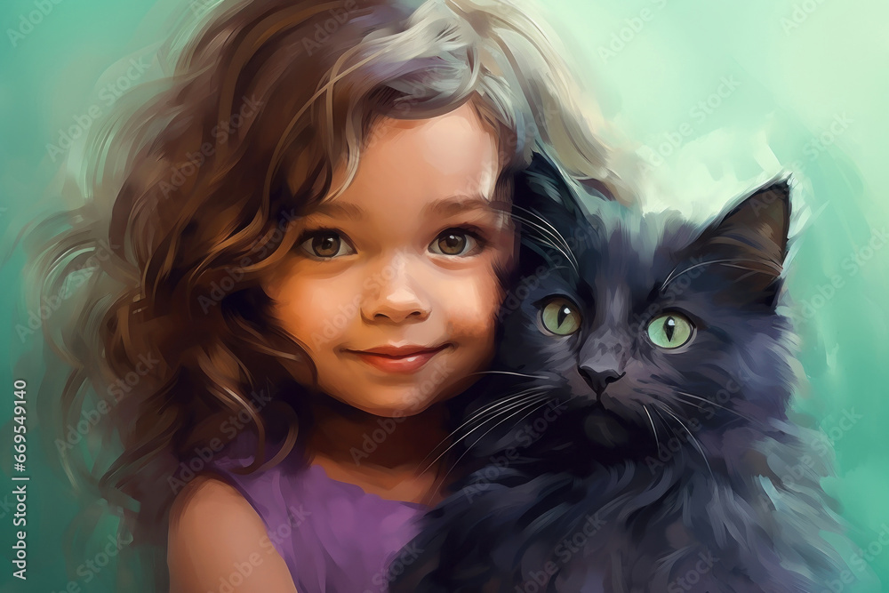 Beautiful little girl and black cat. Smiling cchild with pet Beautiful little girl and black cat. Smiling cchild with pet