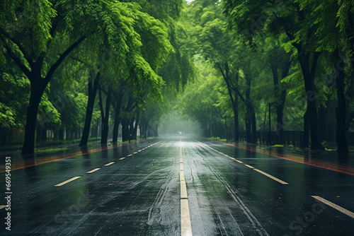 Straight road during rainy day, trees on the side of the road