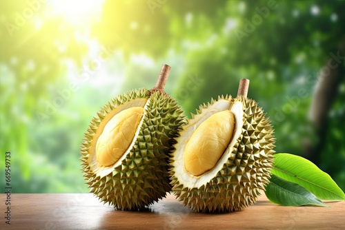 Cut open durians display with pulp inside on wooden table. Fruit market and sale promotions.