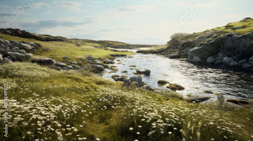 A sprawling meadow stretches out from a rocky shoreline, dotted with patches of wildflowers photo