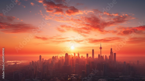 A sprawling city skyline is seen in the distance, with buildings of various sizes and shapes rising high in the sky The sun is setting, casting a warm orange-pink hue over the cityscape
