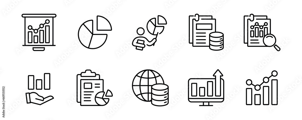 marketing management graph data analysis icon set business diagram statistic infographic chart vector outline illustration  - obrazy, fototapety, plakaty 