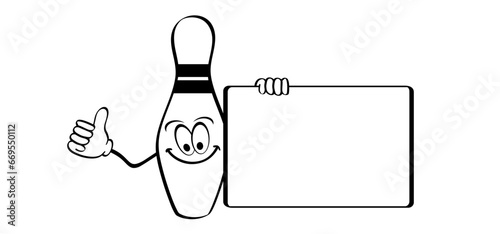 Cartoon bowling pin with stripes and bowling ball. Bowling strike idea. Sport or hobby game. Playing in a team, competition or tournament. Bowling pins and skittles. Play kegling team.