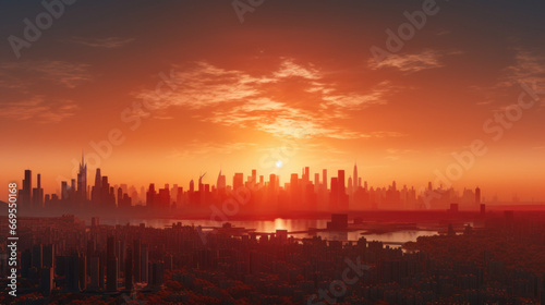 A sprawling city skyline is seen in the distance, with buildings of various sizes and shapes rising high in the sky The sun is setting, casting a warm orange-pink hue over the cityscape © Textures & Patterns