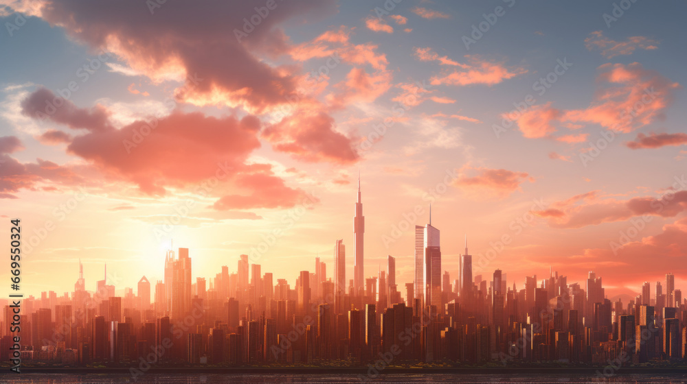 A sprawling city skyline is seen in the distance, with buildings of various sizes and shapes rising high in the sky The sun is setting, casting a warm orange-pink hue over the cityscape