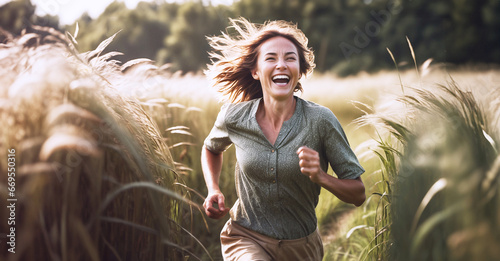 immagine primo piano di giovane donna che corre felice in un prato, estate luce diurna photo
