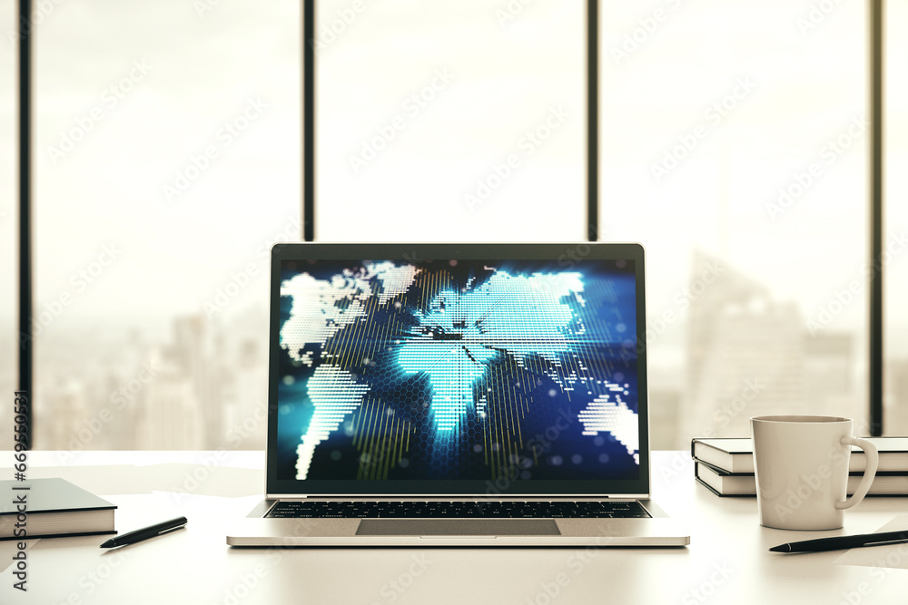 Fototapeta premium Computer monitor with abstract creative digital world map, globalization concept. 3D Rendering