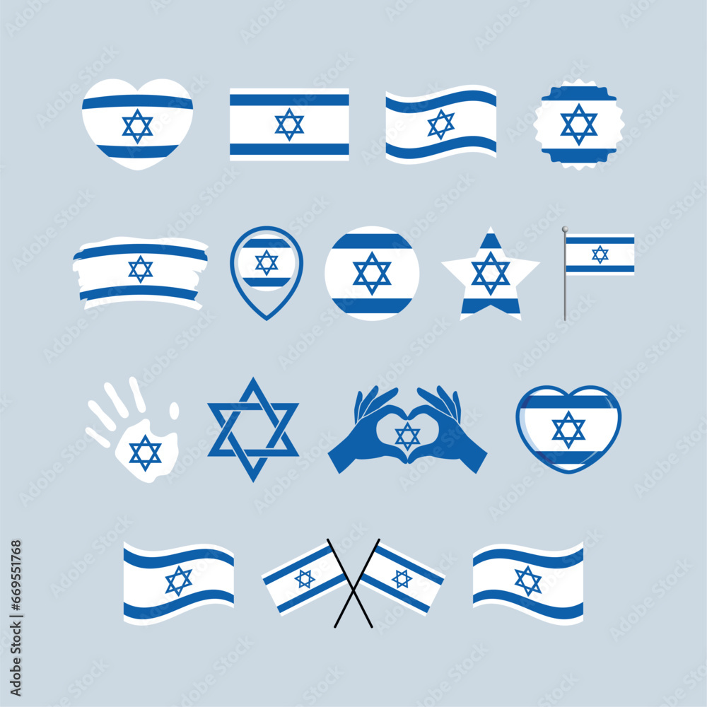 Fototapeta premium Israel flag icon set vector isolated on a gray background. Israeli Flag graphic design element. Flag of Israel symbols collection. Set of Israel flag icons in flat style