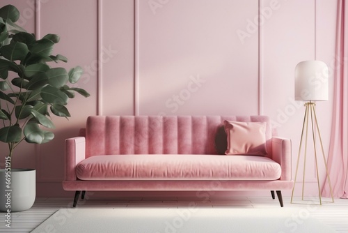 Cozy pink sofa in a minimal pop themed interior with soft home decor. Generative AI