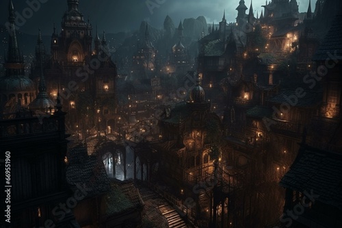 A mesmerizing dark fantasy cityscape with medieval architecture amidst dystopian streets at night. Generative AI