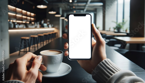 A smartphone with a blank screen and a cup of coffee in a cafe. Insert your own screen image. App mockup. Advertising. Lifestyle and relaxing.