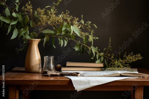 Contemporary table adorned with minimal decor like a vase, foliage, and literature. Generative AI