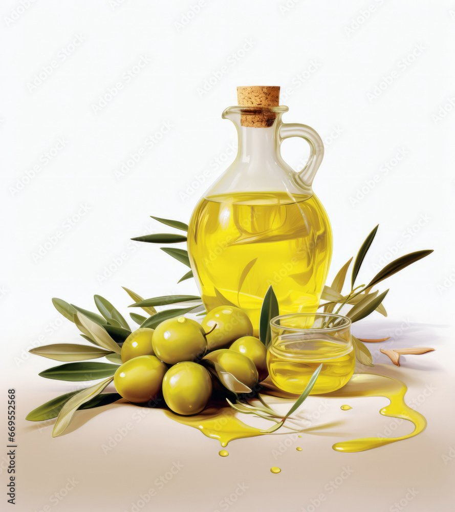 Glass bottle of olive oil with olives. A drop of olive oil in close-up. Isolated on a white background
