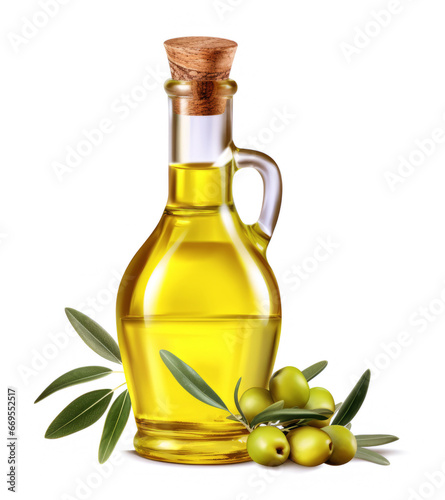 Glass bottle of olive oil with olives. A drop of olive oil in close-up. Isolated on a white background