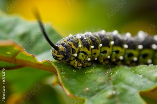 A closeup of a caterpillar feeding on foliage. Generative AI © Marisela