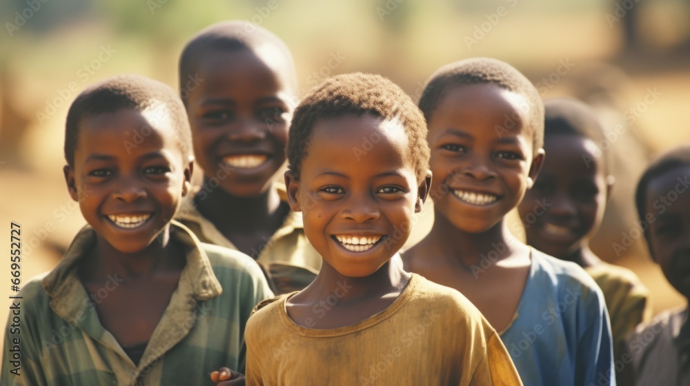 Resilient Smiling Children in a Rural African Village - obrazy, fototapety, plakaty 