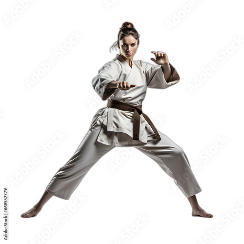 woman practicing martial arts or karate isolated on transparent or white background, png