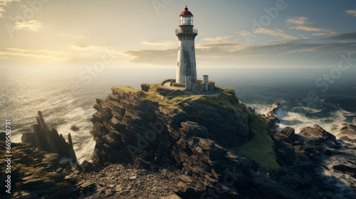 A solitary lighthouse stands atop a rocky outcropping, the beacon of light warning ships of the treacherous cliffs below