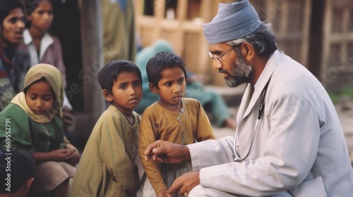 Healthcare Worker Providing Medical Care and Vaccinations to Children in a Remote Village photo